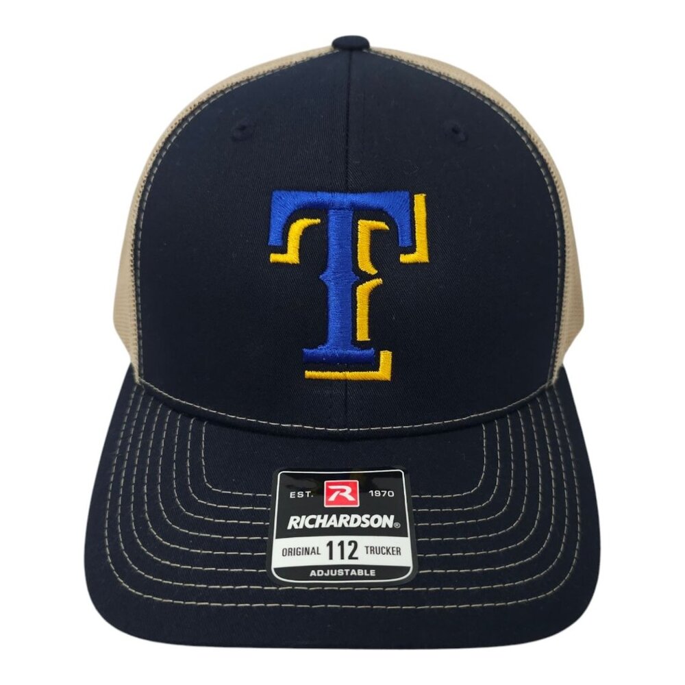 Richardson Blue Gold Embroidered T Logo Mesh Snapback Cap Trucker Baseball Hat